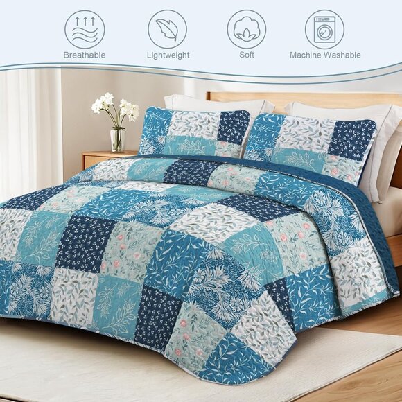 New Blue Floral Patchwork Reversible 3-Piece Bedding Quilt Set • QUEEN - Picture 2 of 5